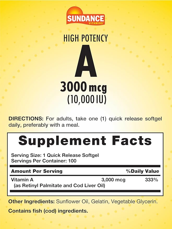 Sundance High Potency Vitamin A Softgels | 3000mcg | 100 Count | Essential Vitamin | Non-GMO and Gluten Free Supplement