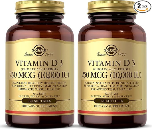 SOLGAR Vitamin D3 (Cholecalciferol) 250 MCG (10,000 IU), 120 Softgels - 2 Pack - Helps Maintain Healthy Bones & Teeth - Immune System Support - Non-GMO, Gluten Free, Dairy Free - 120 Servings