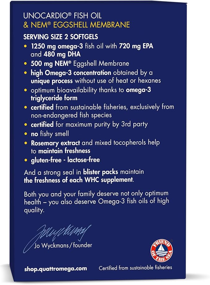 WHC UnoCardio Sports & Eggshell Membrane Fish Oil, Supports Joints & A Healthy Heart,1250 mg of Omega-3, 720 mg EPA, 480 mg DHA, Unflavored, 60 Softgels