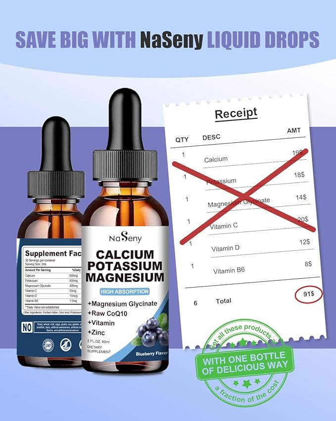 Calcium Potassium Magnesium Drops with Vitamin C,D,B6,400 mgMagnesium Drops for Overall Wellness-600mg Calcium, 1000mg Potassium(60ml)