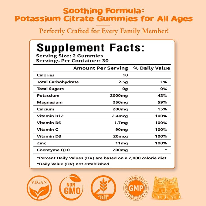 2 Pack Potassium Citrate Gummies – High Potency Potassium Supplement for Muscle Health, Leg Cramp Relief, Electrolyte Balance – Vegan, Non-GMO, Gluten-Free, Orange Flavor, 120 Count