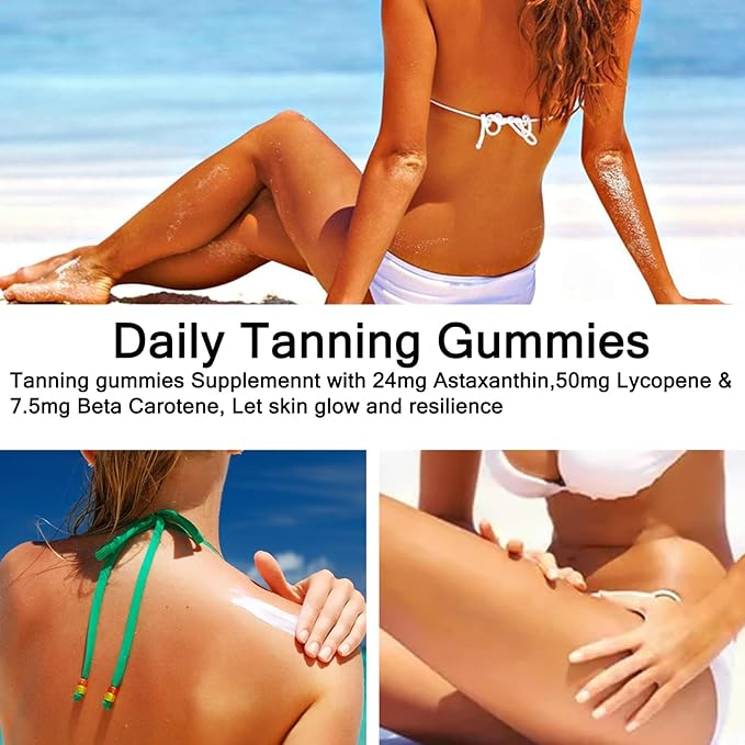 Tanning Gummies, Daily Tanning Gummies with Beta-Carotene & Lycopene & Astaxanthin, Natural Tanning Supplement, 60 Gummies