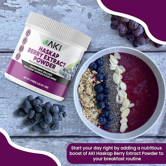 AKI Haskap Berry Extract Powder - Rich in Antioxidants, Vitamin-C & Polyphenols - Extracted from Quality Dried Berries - No Added Artificial Flavors & Coloring - Boosts Energy Level (5.30Oz/150g)