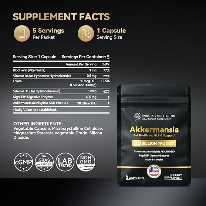 Akkermansia Probiotic, GLP-1 Supplement for Gut Health & Digestion, DigeSEB Digestive Enzymes & Vitamin B Complex - 30 Billion TFU, Third-Party Tested, 5 Capsules