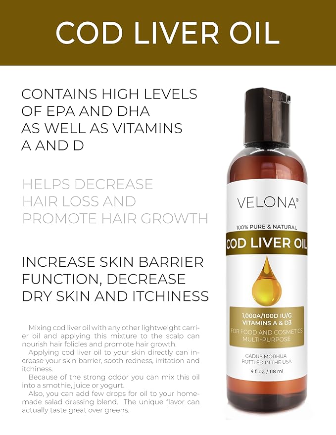 velona Cod Liver Oil - 4 Fl Oz | 1,000A/100D IU/g Omega 3 Vitamins A & D3 | Norwegian Arctic Sustainably Sourced Nordic Oil | Hair, Body and Skin Care | Use Today - Enjoy Results