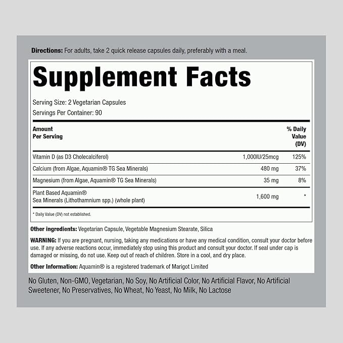 Piping Rock Red Mineral Algae | Vegetarian Calcium | 180 Capsules | Plant Based Plus Trace Minerals | Plus D3 1000 IU | Non-GMO, Gluten Free Supplement