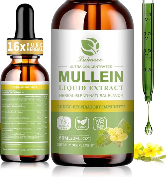 Mullein Drops for Lungs, Lung Detox & Cleanse, Vegan Mullein Leaf Extract Tincture with Chlorophyll Elderberry, etc, Natural Herbal Supplement for Respiratory, Immune, 30 Servings