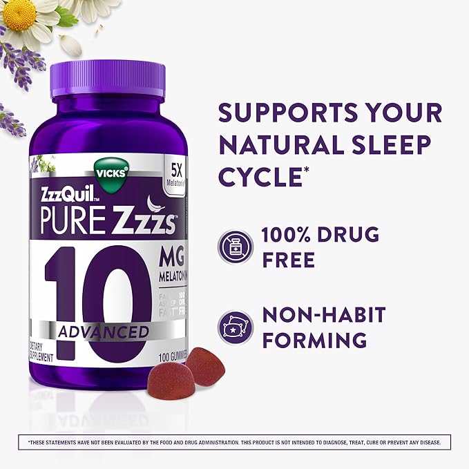 ZzzQuil Pure Zzzs Advanced Melatonin Gummies, Melatonin 10mg, Sleep Aid, with Chamomile & Lavender, Melatonin Sleep Gummies, Sleep Aids for Adults, Berry Flavored, 100 Sleep Gummies