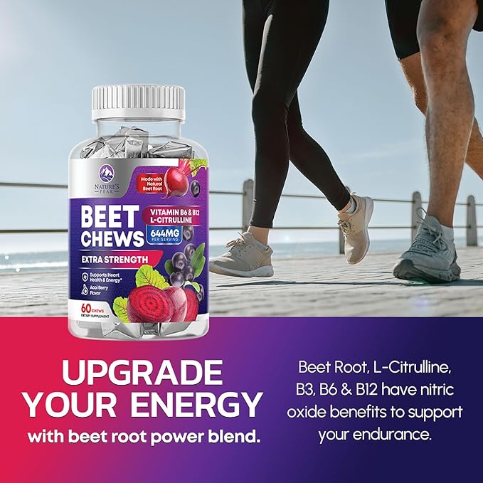 Beets Chews - Beet Root Gummies for Nitric Oxide Support, Superfood Beets Powder Soft Heart Chews, Grape Seed Extract & Non-GMO Beetroot Energy Supplement Supports Heart Health & Energy, 60 Soft Chews