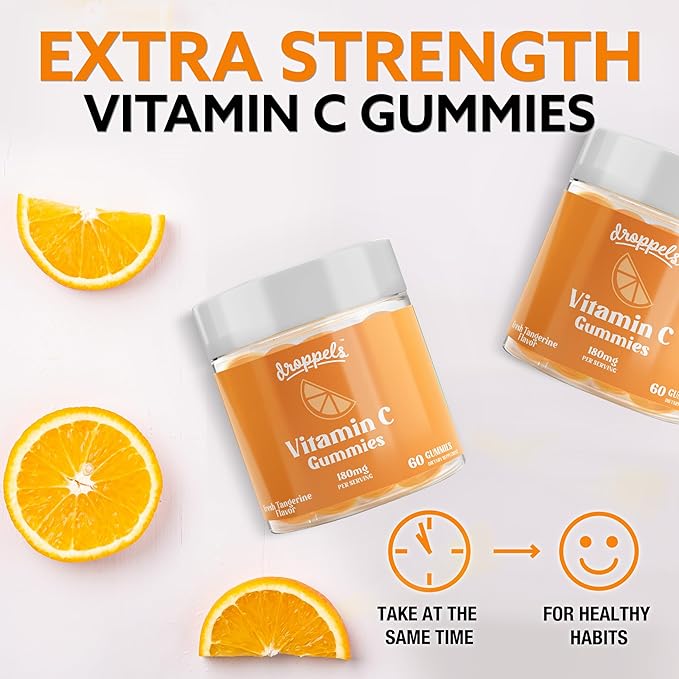 Droppels Vitamin C Gummies, 180mg – Vegan, Pectin Plant-Based Immune Support Booster Supplement – Tangerine Flavor, 60 Count (1-Month Supply)
