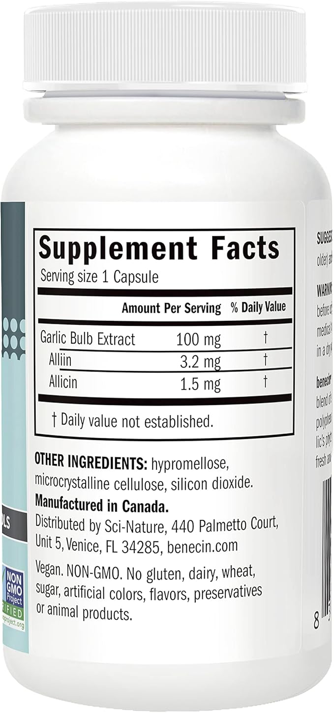 Benecin Defense 1500 mcg Stabilized Allicin per Capsule | Plus high Amounts of SAC & Polyphenols from Black Garlic | Powerful Support of Immune & Heart Function Vegetarian Caps (1 Count (Pack of 60))