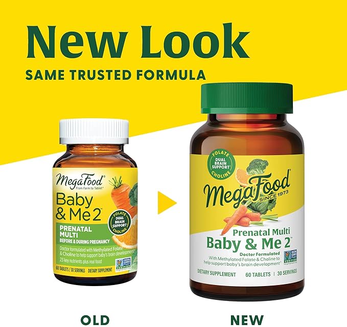 MegaFood Baby & Me 2 Prenatal Multi Vitamins - Prenatal Vitamins for Women with Choline, Methyl Folate & Iron, Vegetarian, Gluten-Free, Pre Natal Multivitamin for Women - 120 Tablets, 60 Servings