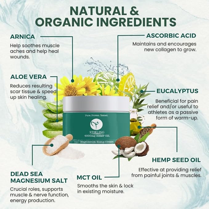 STIRLING Magnesium Cream - 4000mg Hemp Oil + Magnesium & Arnica - Promotes Relief for Joint and Muscle Discomfort, Back Support, and More - Made in USA with Premium Ingredients