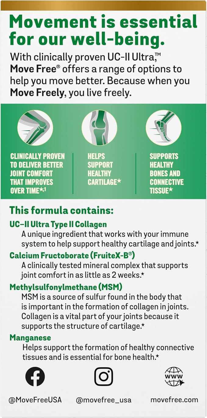 Move Free Ultra Pro with Quadruple Action Joint Support - Type 2 Collagen MSM Calcium Fructoborate & Manganese - Supports Joint Cartiliage Bone Connective Tissue, 120 Tablets (30 servings)