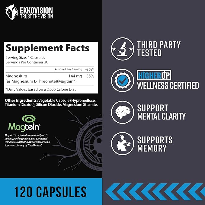 x Higher Up Magtein Magnesium L-Threonate, Memory & Cognitive Function Support, Magnesium Supplement with Essential Minerals for Men & Women, 2000 MG Per SVG, 120 Easy-to-Swallow Capsules