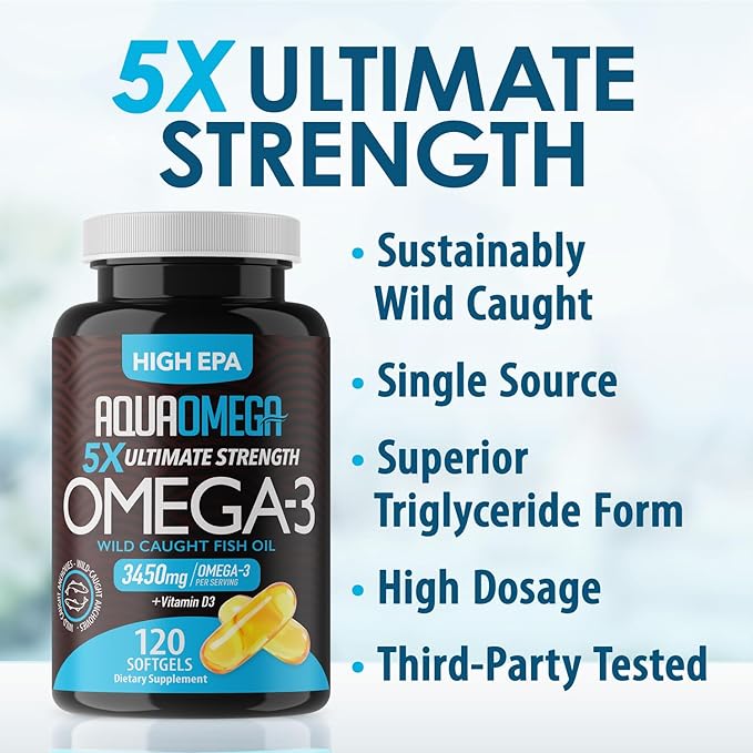 5X Ultimate Strength Omega 3 Fish Oil Supplements 3450mg, High EPA Organic Fish Oil Omega 3 Supplements with Vitamin D, Burpless Omega3 Fishoil with 2660mg EPA and 530mg DHA, 120 Softgels, Unflavored
