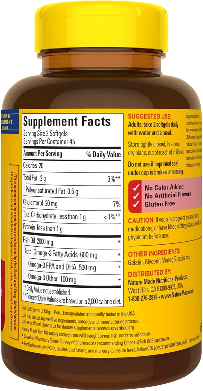 Nature Made Fish Oil Omega 3 Supplements, 1000 mg Softgels, Omega 3 Fish Oil for Healthy Heart Support, 90 Softgels, 45 Day Supply (Pack of 2)