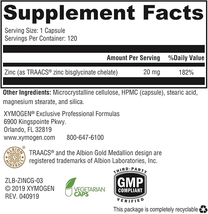 XYMOGEN Zinc Glycinate - 20mg Chelated Zinc Supplement - Zinc Bisglycinate Chelate for Enhanced Absorption - Mineral Supplement for Reproductive + Immune Support (120 Vegan Zinc Capsules)