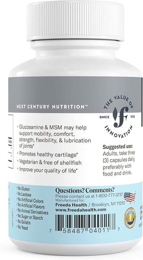 FREEDA Glucosamine MSM – Vegan Joint Flexibility & Mobility Supplement – Vegetarian Glucosamine Without Shellfish – Supports Joint Function – Third-Party Tested – (100 Capsules)