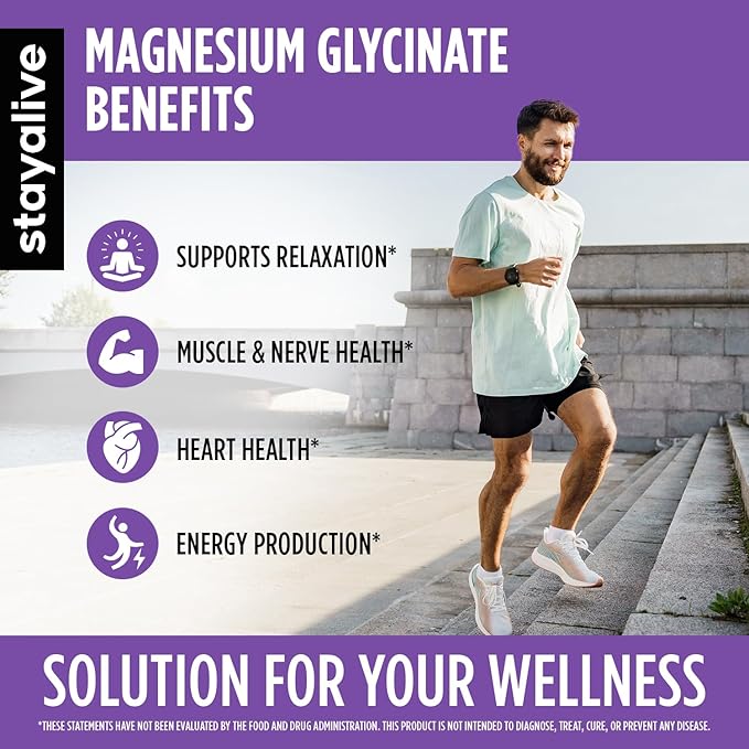 STAY ALIVE Chelated Magnesium Glycinate 500mg, High Absorption, 90 Capsules, 100% Pure Glycinate Powder, Extra Strength Magnesium Supplement for Women and Men, Non-GMO & Gluten Free Pills