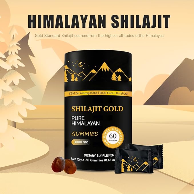 Shilajit Gummies | Pure Himalayan Shilajit Gummies Gold | Ashwagandha, Gokshura | Fulvic Acid & 85+ Trace Minerals for Men, Women | Non-GMO | Lab Tested | No Added Sugar I 60 Gummy