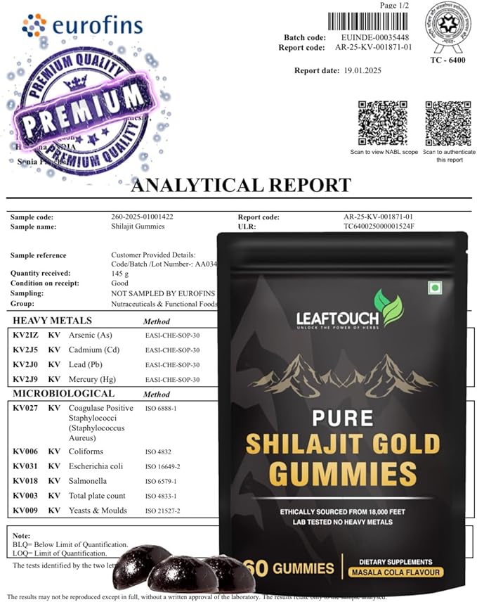 LEAFTOUCH Shilajit Gold Gummies | Masala Cola Flavour | Every Gummies are Wrapped in Individual Transparent Wrapper | 60 Gummy.