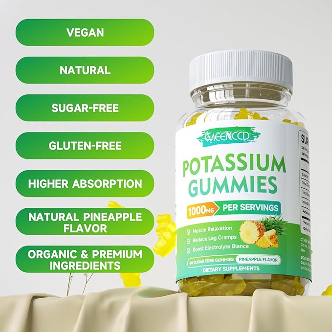 Potassium Citrate Gummies 1000mg, High Potency Potassium Supplement Gummies for Adults Women & Men, Support Leg Cramps & Muscle Health, Sugar-Free, Pineapple Flavor, 60 Count