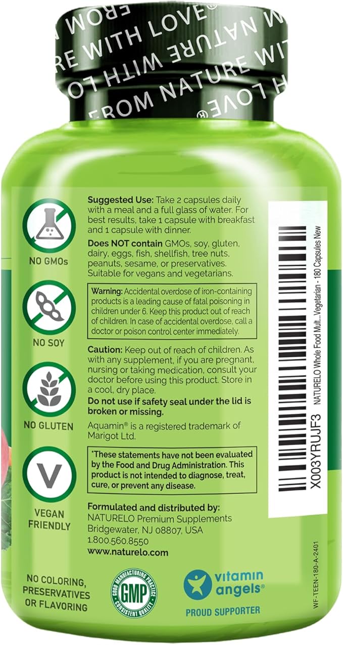 NATURELO Teen Multivitamin - Whole Food Multivitamin - with Minerals for Teenage Boys & Girls - Supplement for Active Kids - Non-GMO - Vegan & Vegetarian - 180 Capsules