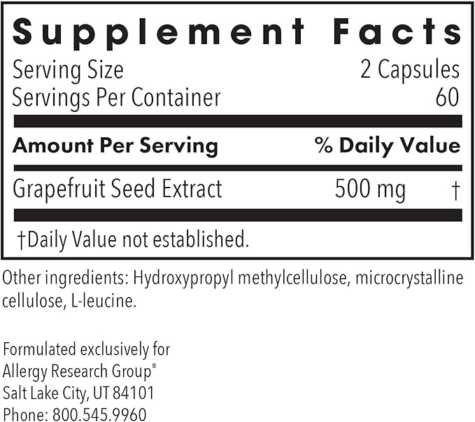 Allergy Research Group ParaMicrocidin 250 Supplement - Grapefruit Seed Extract 500mg, Supports Metabolic Function, Contaminant Free, Vegetarian Capsules - 120 Count