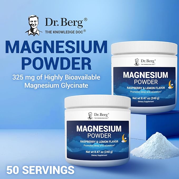 Dr. Berg Magnesium Glycinate Powder for Sleep, Relaxation, & Stress Relief - Now Includes Vitamin D3 & Zinc - Delicious Raspberry & Lemon Flavor (50 Servings) Magnesium Powder - Magnesium Drink Powder