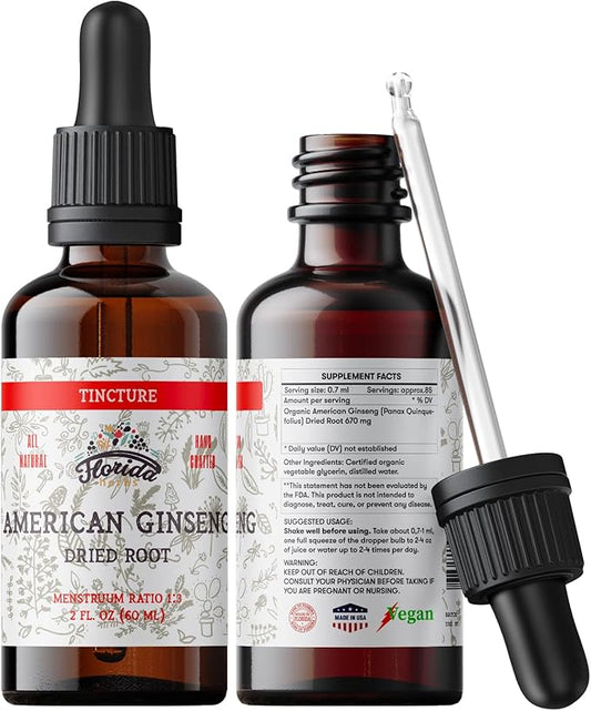 American Ginseng Tincture Extract, Organic American Ginseng (Panax Quinquefolius) Dried Root Supplement, Non-GMO in Cold-Pressed Organic Vegetable Glycerin 700 mg, 2 oz (60 ml)