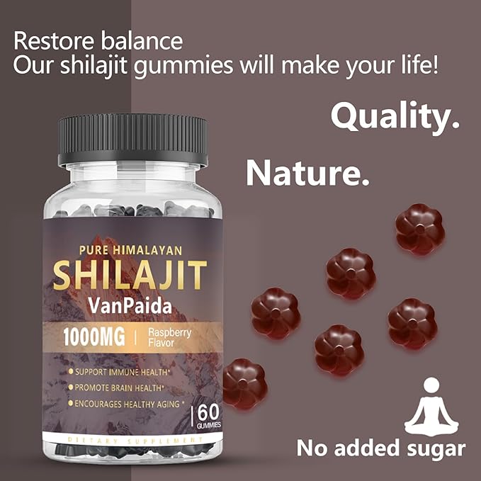 Sugar Free Shilajit Gummies, Pure Himalayan Shilajit Gummies Supplement for Energy, Brain & Immune Support, 85 Trace Minerals & Fulvic Acid with Ashwagandha, Unisex Sugar-Free Raspberry Flavor