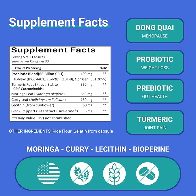 ProBalance Women’s Probiotic 68B CFU – Menopause Bloat & Belly Support with Turmeric & Moringa – Joint & Digestive Health – Same Formula as Premium Brands – 60 Capsules