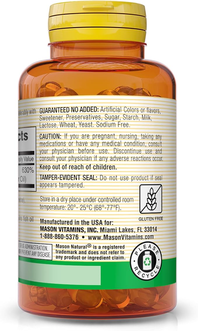 MASON NATURAL Vitamin D3 125 mcg (5000 IU) - Supports Overall Health, Strengthens Bones and Muscles, from Fish Liver Oil, 50 Softgels