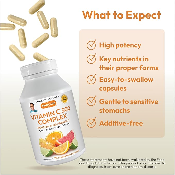 ANDREW LESSMAN Vitamin C 500 Complex 60 Capsules - Non-Acidic Vitamin C Plus Citrus Bioflavonoids for Immune System and Anti-Oxidant Support, No Stomach Upset, Small Easy to Swallow Capsules