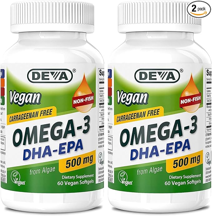 DEVA Vegan Omega-3 DHA EPA Supplement - Once-Per-Day Softgel 500 MG - Carrageenan Free - Gelatin Free - Non-Fish - Algae Oil Omega-3 Fatty Acids - 60 Softgels (Pack of 2)