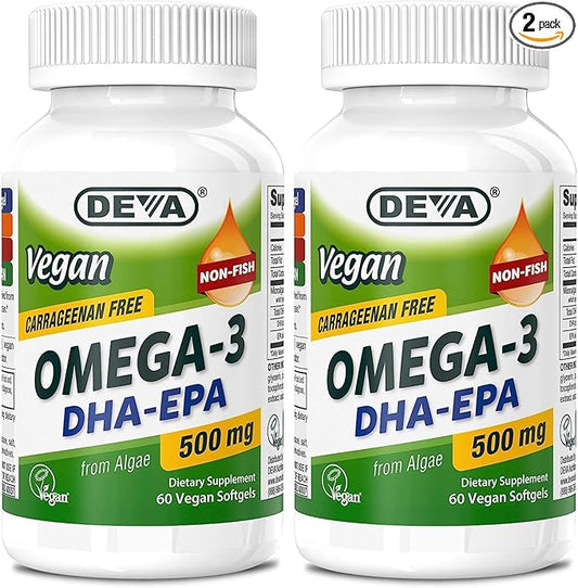 DEVA Vegan Omega-3 DHA EPA Supplement - Once-Per-Day Softgel 500 MG - Carrageenan Free - Gelatin Free - Non-Fish - Algae Oil Omega-3 Fatty Acids - 60 Softgels (Pack of 2)