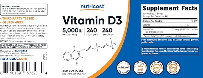 Nutricost Vitamin D3 5,000 IU (125mcg), 240 Softgels - Non-GMO and Gluten Free Vitamin D