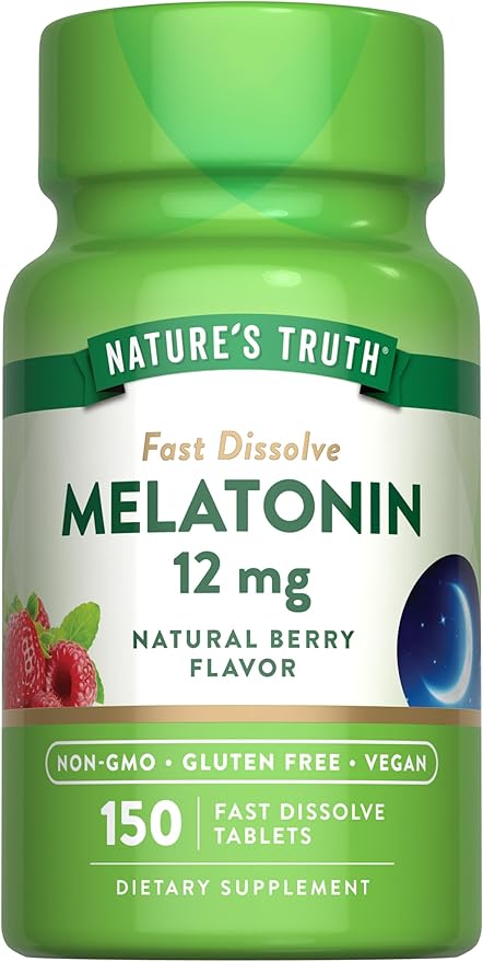 Nature's Truth Melatonin 12 mg | 150 Tablets | Quick Dissolve Vitamin | Natural Berry Flavor | Non-GMO & Gluten Free Supplement for Adults