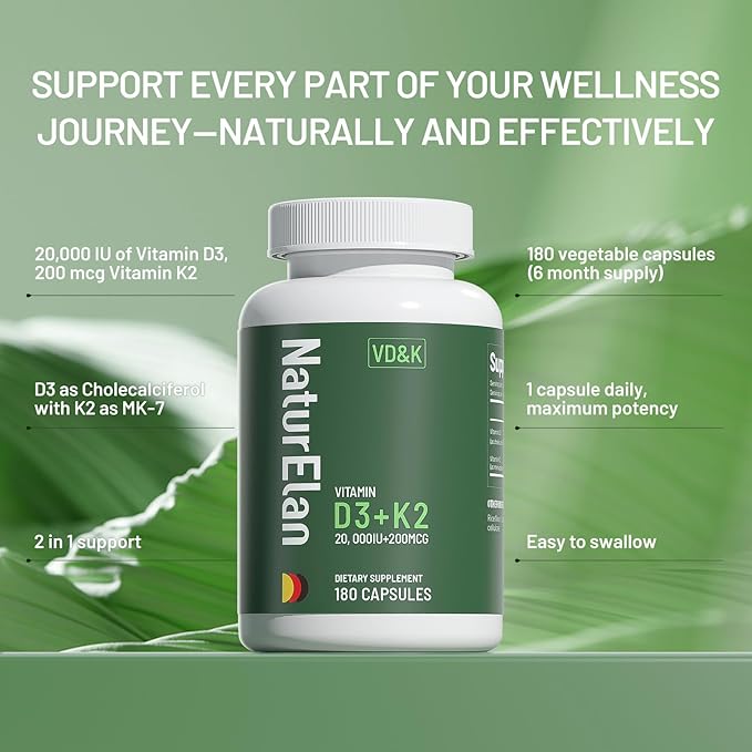 Vitamin D3 K2 Supplement - 20,000 IU+200mcg K2(MK-7), 180 Capsules, Third-Party Tested, K2 + D3 Supplements for Bone, Immune, Heart & Teeth Health Support, Vegan, Non-GMO, Gluten Free