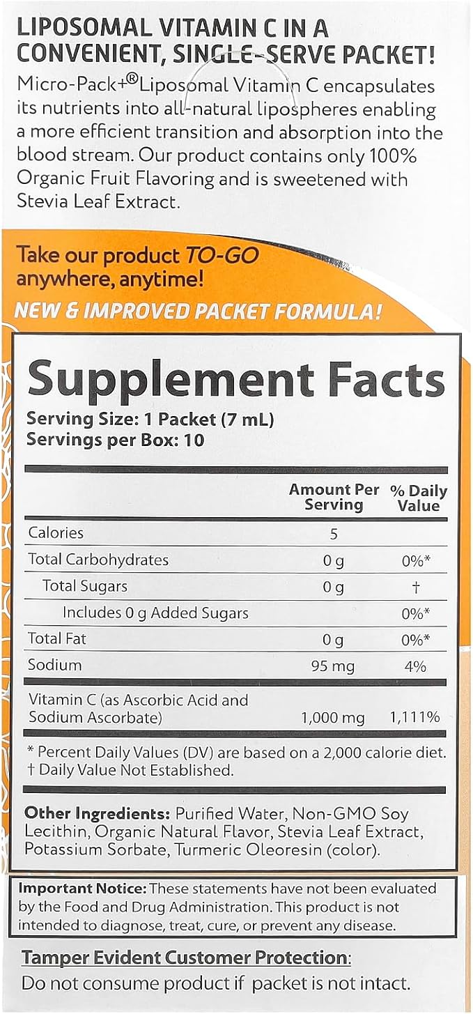 Aurora Nutrascience Micro-Pack Liposomal Vitamin C, Immune Support, 1,000 mg Per Serving, Vegan, Gluten Free, Non-GMO, 10 Single Serve Packets, Orange