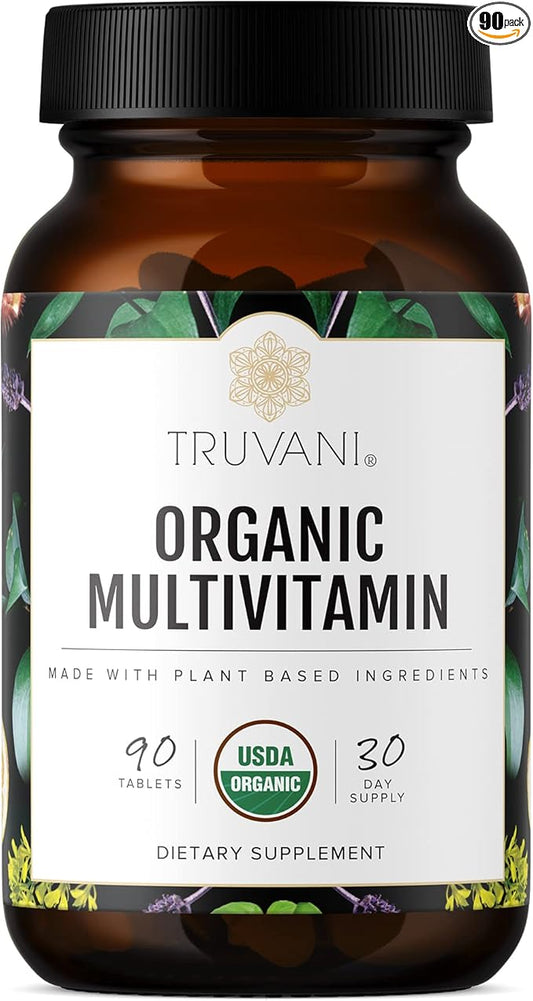 Truvani Daily Organic Multivitamin Supplement - Vegan, Non GMO Tablets with Iron & Biotin - Dairy, Soy, & Gluten Free - 30 Day Supply (90 Tablets)