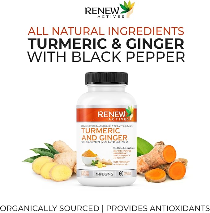 Renew Actives Turmeric Curcumin 1000MG & 200MG Ginger per 2 Capsules - Potent Antioxidant with Bioperine & Black Pepper Blend for Digestive & Liver Health - Made in Canada - 60 Capsules