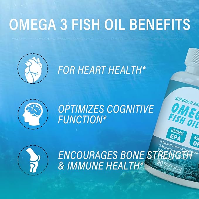 Omega 3 Fish Oil Supplements,Triple Strength Omega 3 Nutritional Supplement with 650mg EPA 450mg DHA Per Serving - Brain, Eye, Heart & Immune Health Support - 90 Softgels (45 Serv)