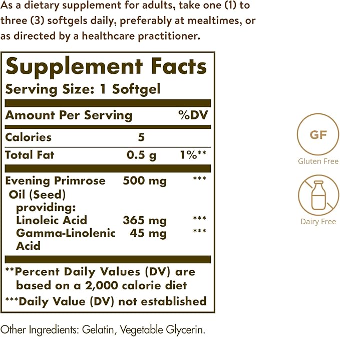 Solgar Evening Primrose Oil 500 mg, 180 Softgels - Promotes Healthy Skin & Cardiovascular Health - Nutritional Support for Women - Gluten Free, Dairy Free - 180 Servings