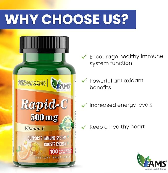 America Medic & Science Rapid-C 500mg Vitamin C Supplement (3 Pack of 100 Tablets) Energy Booster, Daily Immune System Support, Antioxidant | Vegan, Non-GMO Coated Ascorbic Acid for Adult Men & Women