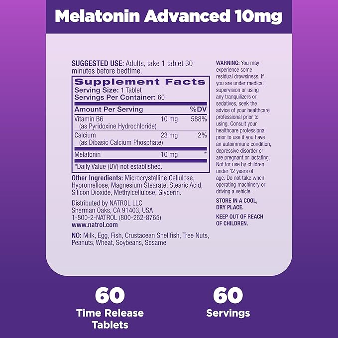 Natrol Sleep Advanced Melatonin Time Release Tablets, Nighttime Sleep Aid, 10mg, 60 Count (Pack of 2)