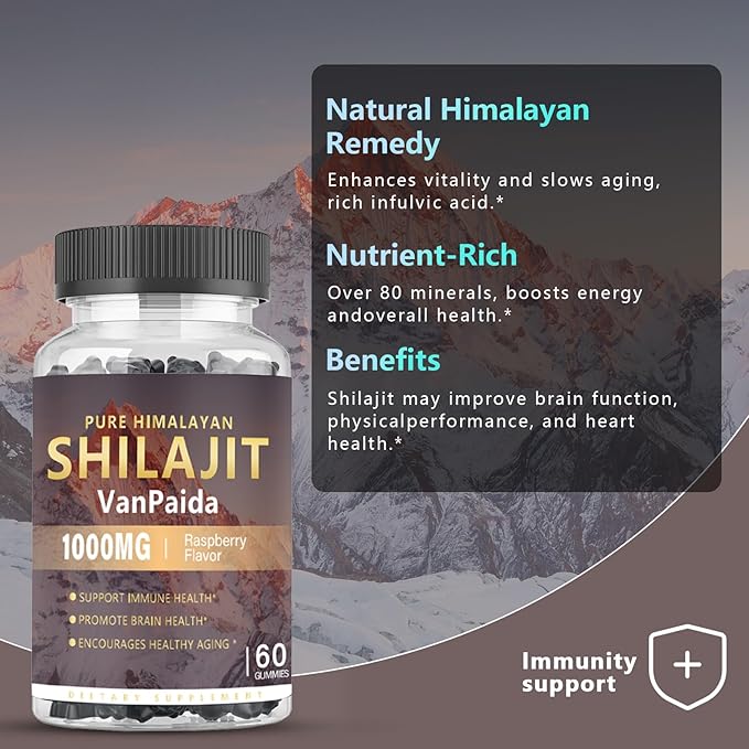 Sugar Free Shilajit Gummies, Pure Himalayan Shilajit Gummies Supplement for Energy, Brain & Immune Support, 85 Trace Minerals & Fulvic Acid with Ashwagandha, Unisex Sugar-Free Raspberry Flavor