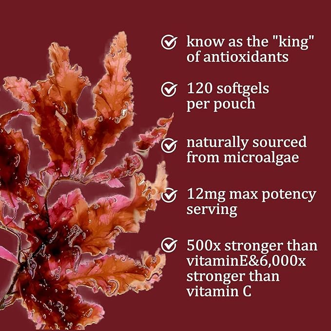 Astaxanthin Softgels 12mg, Microalgae Extracts - Triple Strength 120 Softgels Dietary Supplement | Tanning Pills, Non-synthetic, Allergen-free, Supports Eye, Joint, Internal Circulation Health