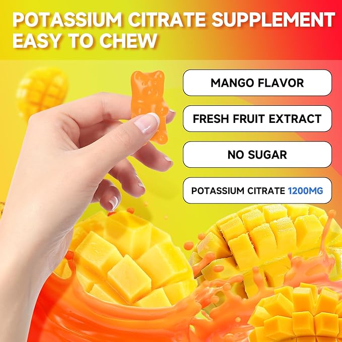 Potassium Citrate Gummies, High Potassium Supplement Gummies 1200mg Support Leg Cramps & Muscle Health, Potassium Gummies for Adults & Kids, Vegan, Mango Flavor 60 Count